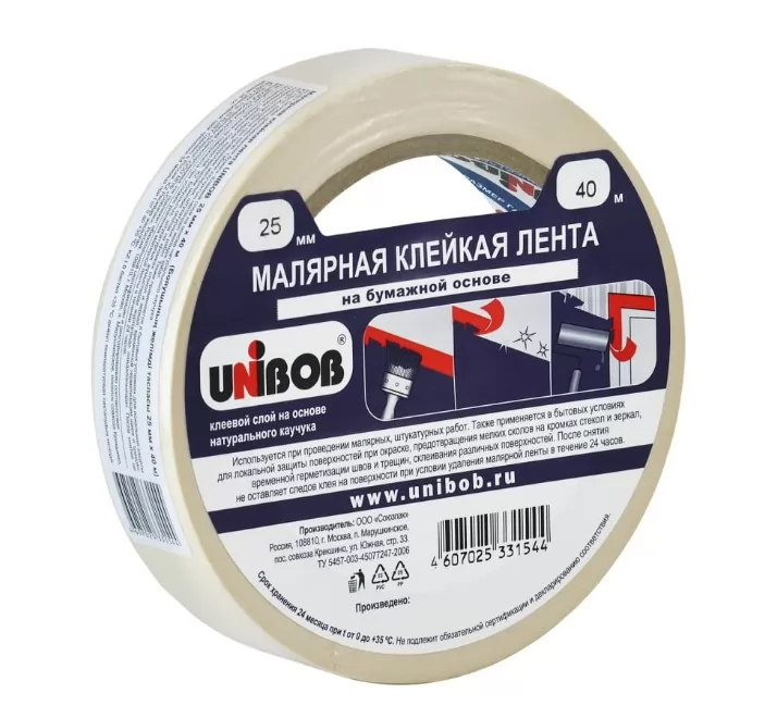Малярная клейкая лента UNIBOB 25 мм х 40 м 214972 фото в Москве