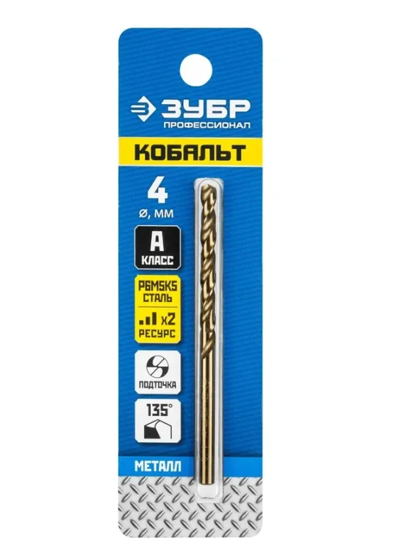 Купить Сверло по металлу ЗУБР Кобальт 4х75 мм, сталь Р6М5К5 29626-4