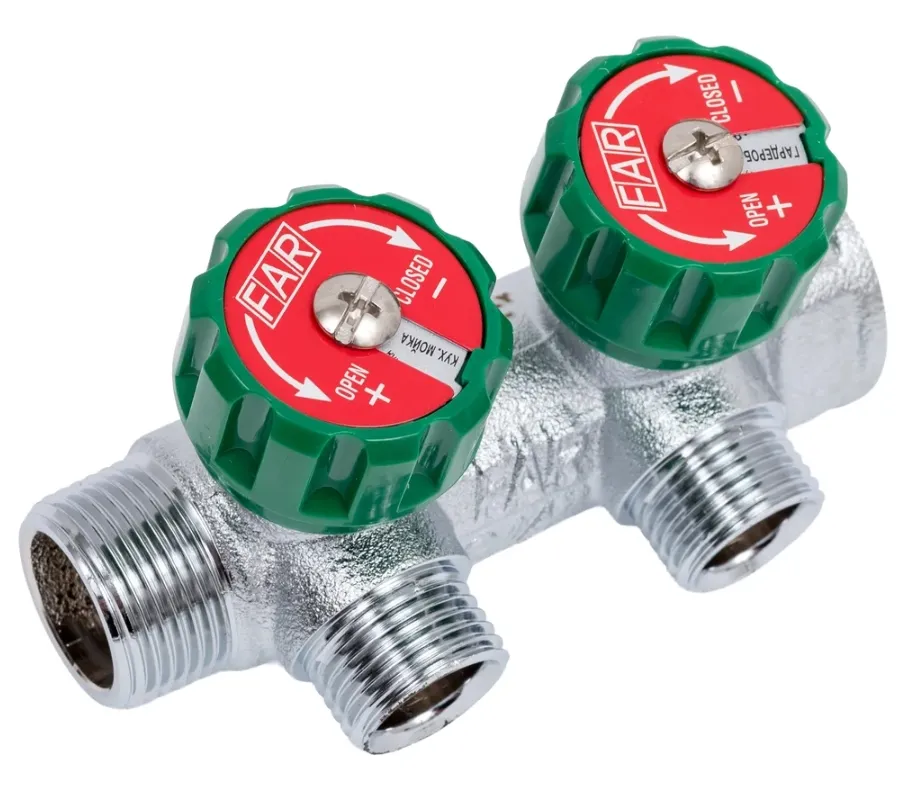 Купить Регулирующий коллектор FAR 3/4" ВР-НР с 2 отв. 1/2" НР межосев. 45 мм FK 3821 3412