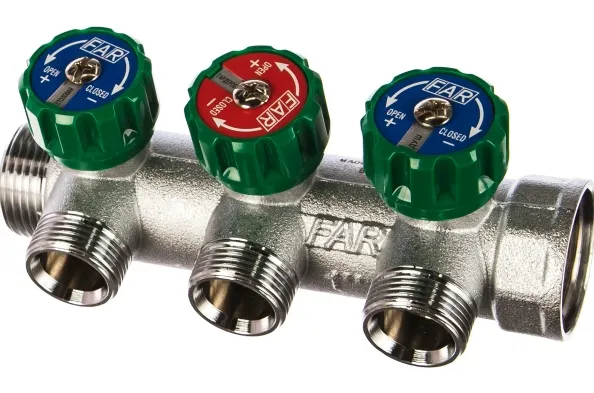 Купить Регулирующий коллектор FAR 1" ВР-НР с 3 отв. 3/4" НР межосев. 45 мм FK 3822 134