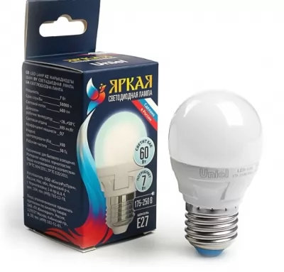 Лампа светодиодная Uniel ЯРКАЯ LED-G45 E27 PLP01WH 7 Вт белый свет купить в Москве