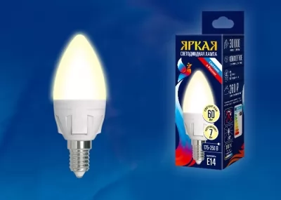 Лампа светодиодная Uniel ЯРКАЯ LED-C37 E14 PLP01WH 7 Вт теплый белый свет купить в Москве