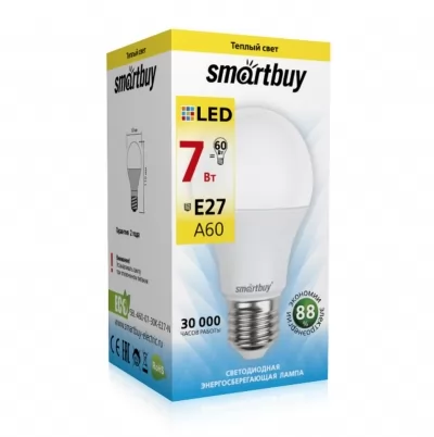 Лампа светодиодная Smartbuy A60 Е27 3000К 7 Вт купить в Москве